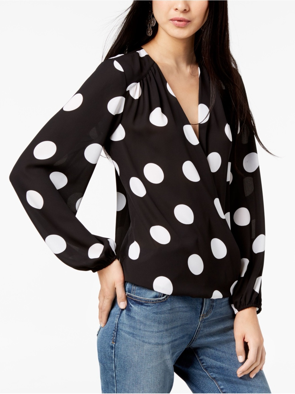 INC International Concepts Faux Wrap Top Black and White Polka Dot XS